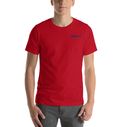 Navy blue Tecnam P92 aircraft printed design placed on the left breast of a red t- shirt.