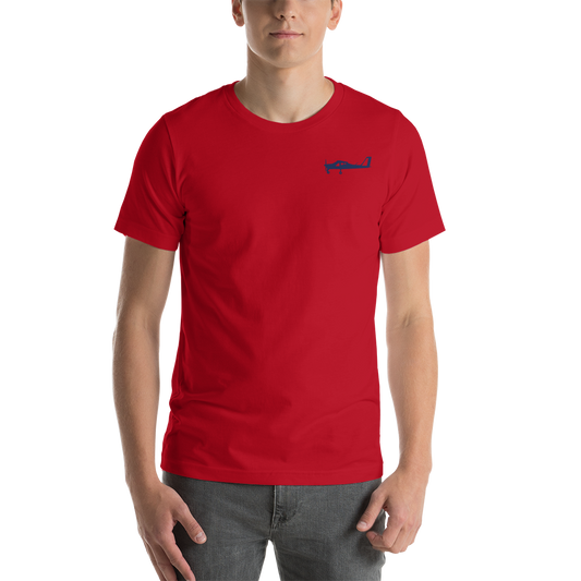 Navy blue Tecnam P92 aircraft printed design placed on the left breast of a red t- shirt.