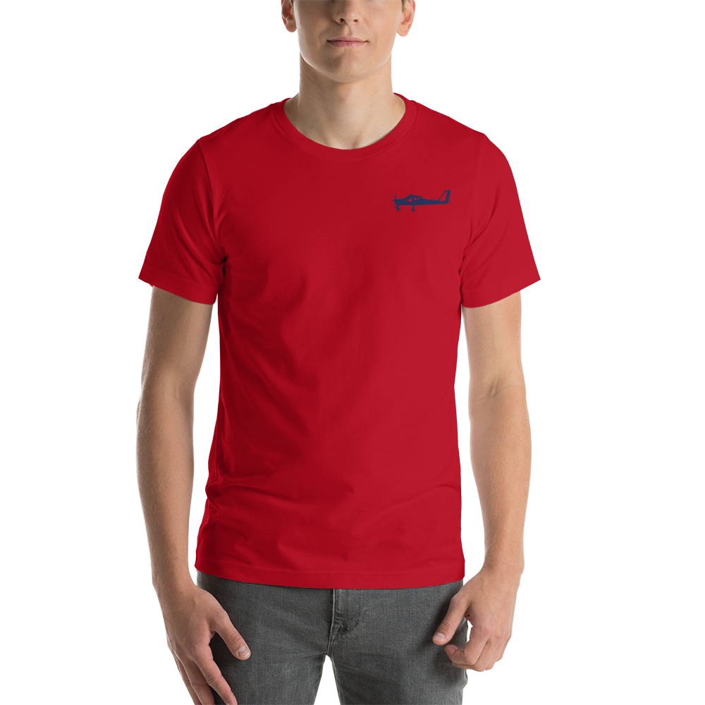 Navy blue Tecnam P92 aircraft printed design placed on the left breast of a red t- shirt.