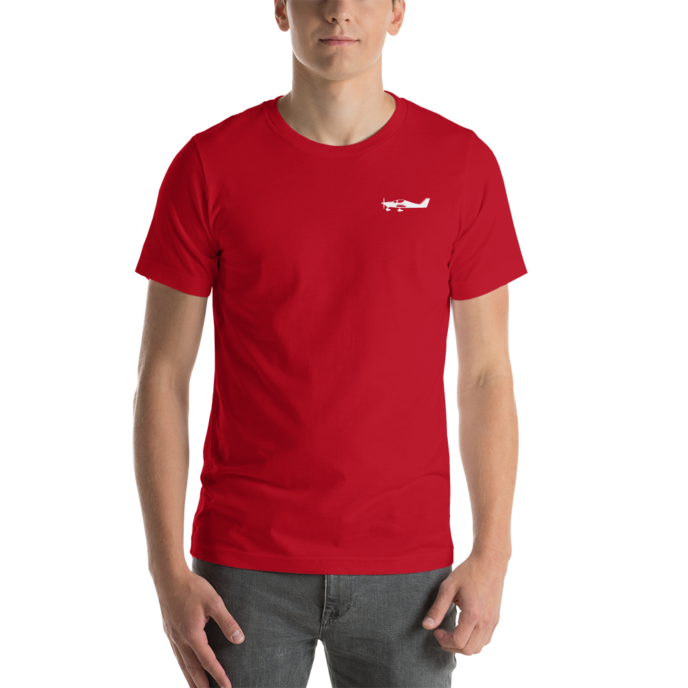 White Tecnam Astore aircraft design placed on the left breast of a red colour t-shirt.