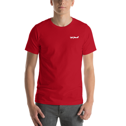 White Tecnam Astore aircraft design placed on the left breast of a red colour t-shirt.