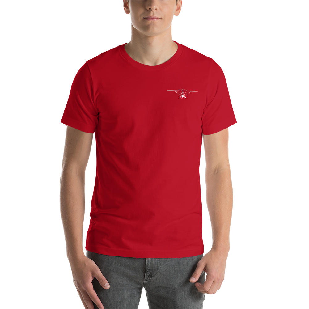 Pilot Shirts: White printed weight shift aircraft design placed on the left breast of a red t-shirt.