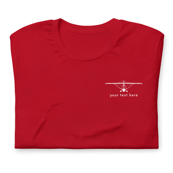 Pilot Shirts: White customizable weight shift aircraft design placed on the left breast of a Red t-shirt.