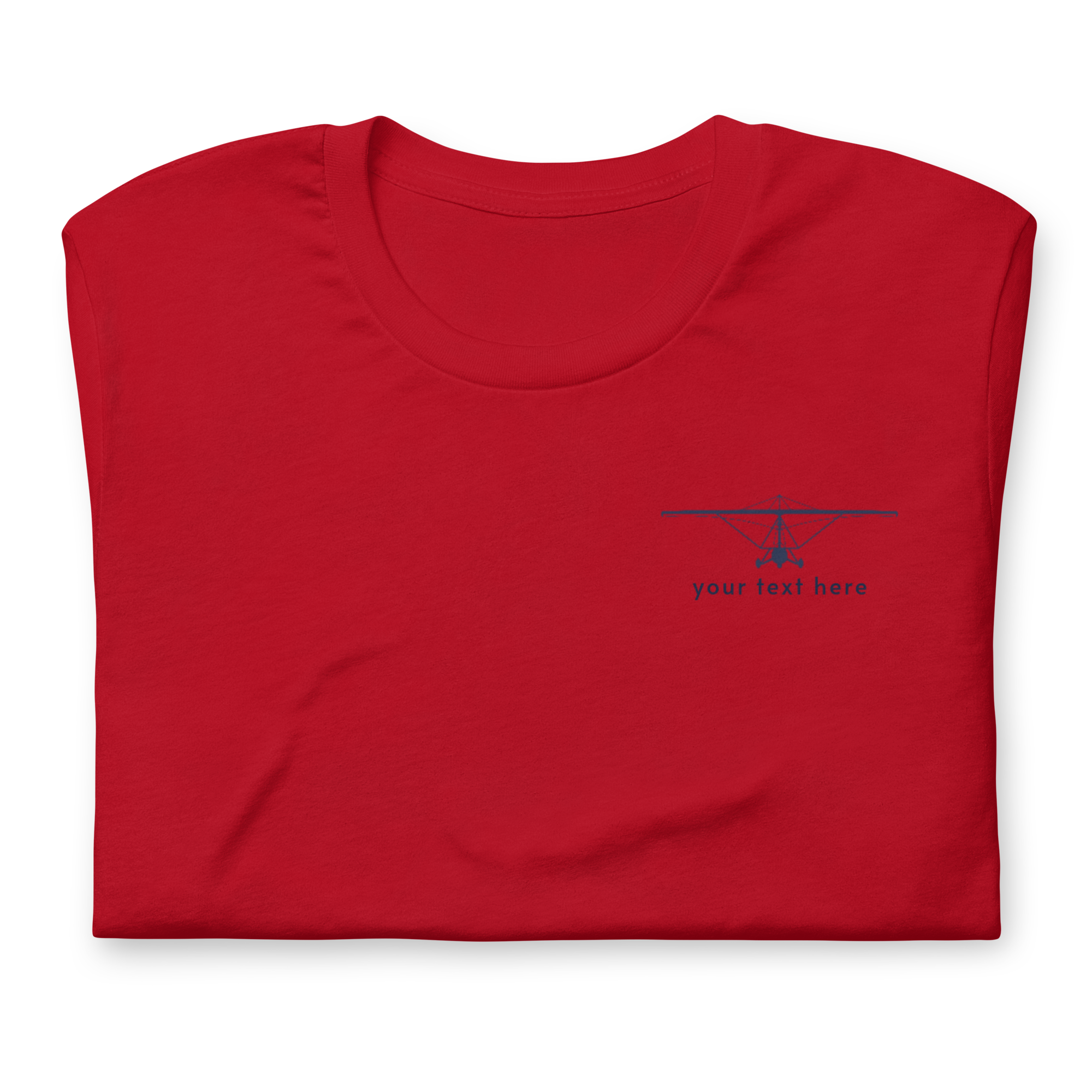 Pilot Shirts: Navy blue customizable weight shift aircraft design placed on the left breast of a red t-shirt.