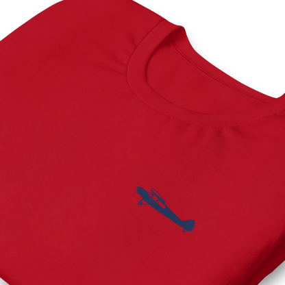 Pilots shirts: Navy blue Super Cub design positioned on the left breast of a red t-shirt.