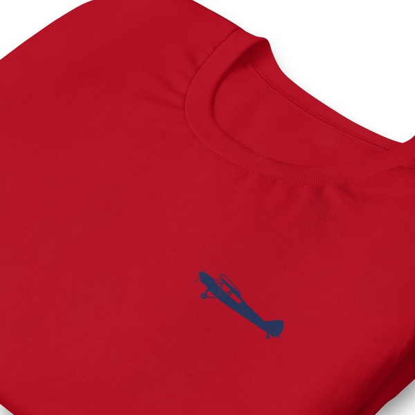 Pilots shirts: Navy blue Super Cub design positioned on the left breast of a red t-shirt.