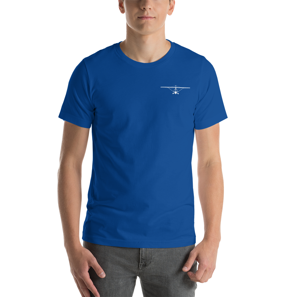 Pilot Shirts: White printed weight shift aircraft design placed on the left breast of a royal blue t-shirt.