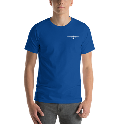 Pilot Shirts: White printed weight shift aircraft design placed on the left breast of a royal blue t-shirt.