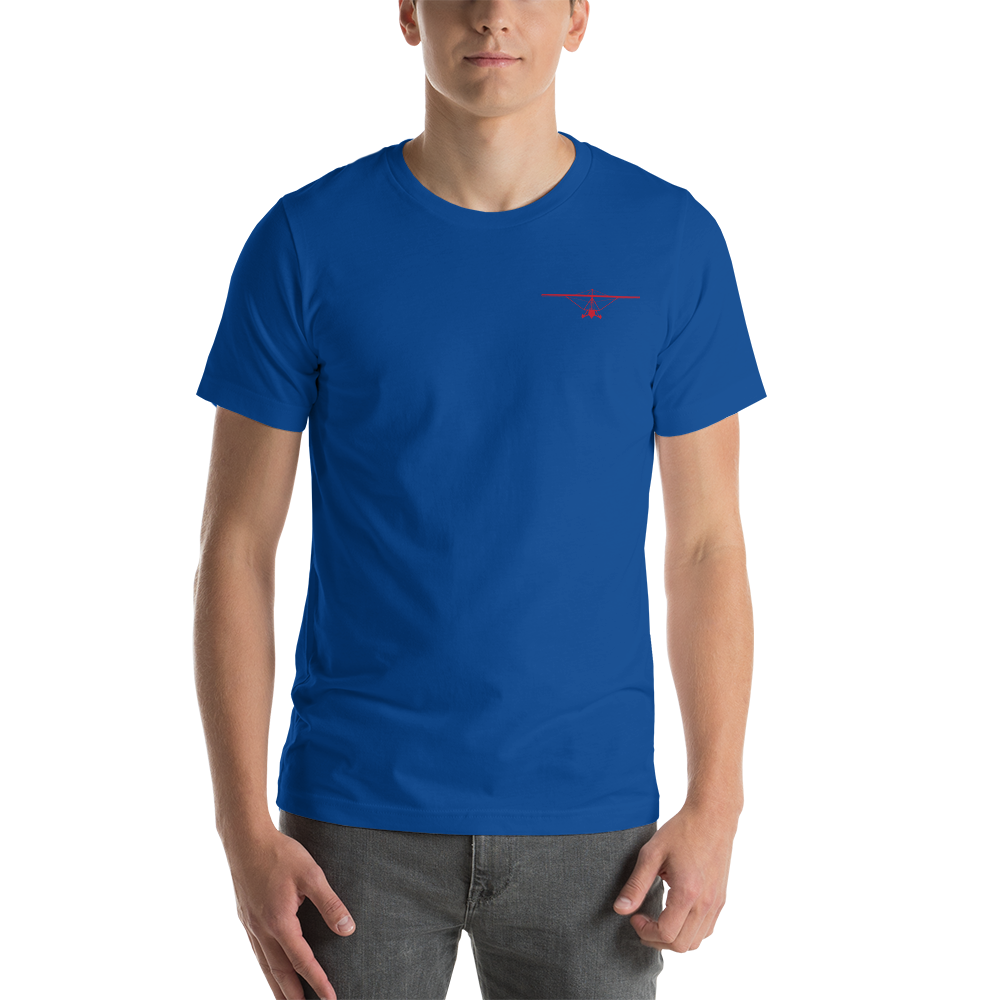 Pilot Shirts: Red printed weight shift aircraft design placed on the left breast of a royal blue t-shirt.