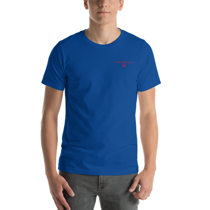 Pilot Shirts: Red printed weight shift aircraft design placed on the left breast of a royal blue t-shirt.