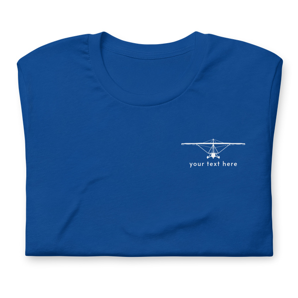 Pilot Shirts: White customizable weight shift aircraft design placed on the left breast of a royal blue t-shirt.