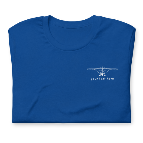 Pilot Shirts: White customizable weight shift aircraft design placed on the left breast of a royal blue t-shirt.