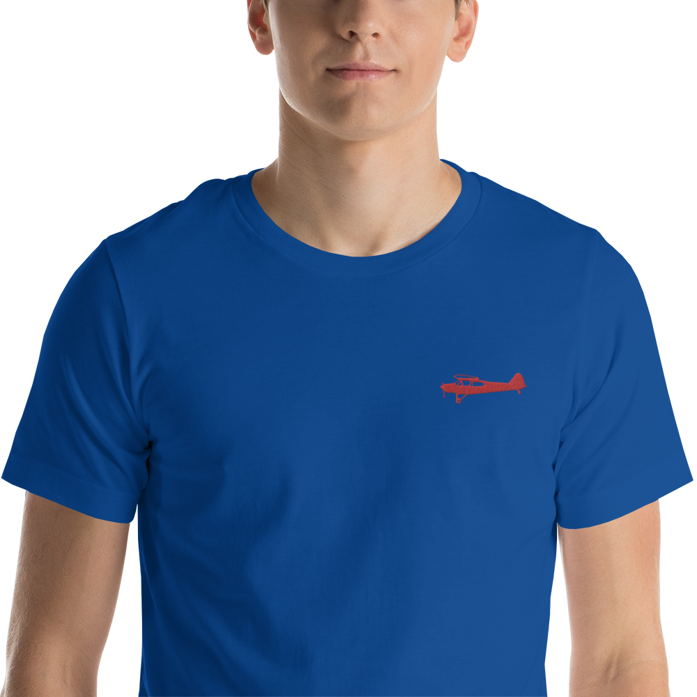 Pilots shirts: Red Super Cub design positioned on the left breast of a royal blue t-shirt.