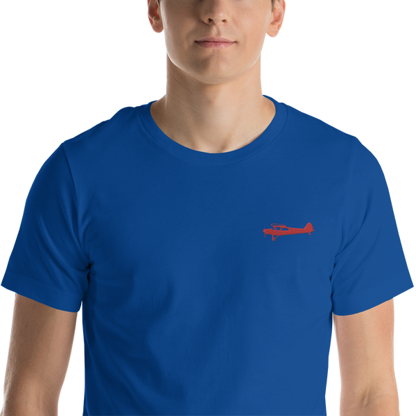 Pilots shirts: Red Super Cub design positioned on the left breast of a royal blue t-shirt.