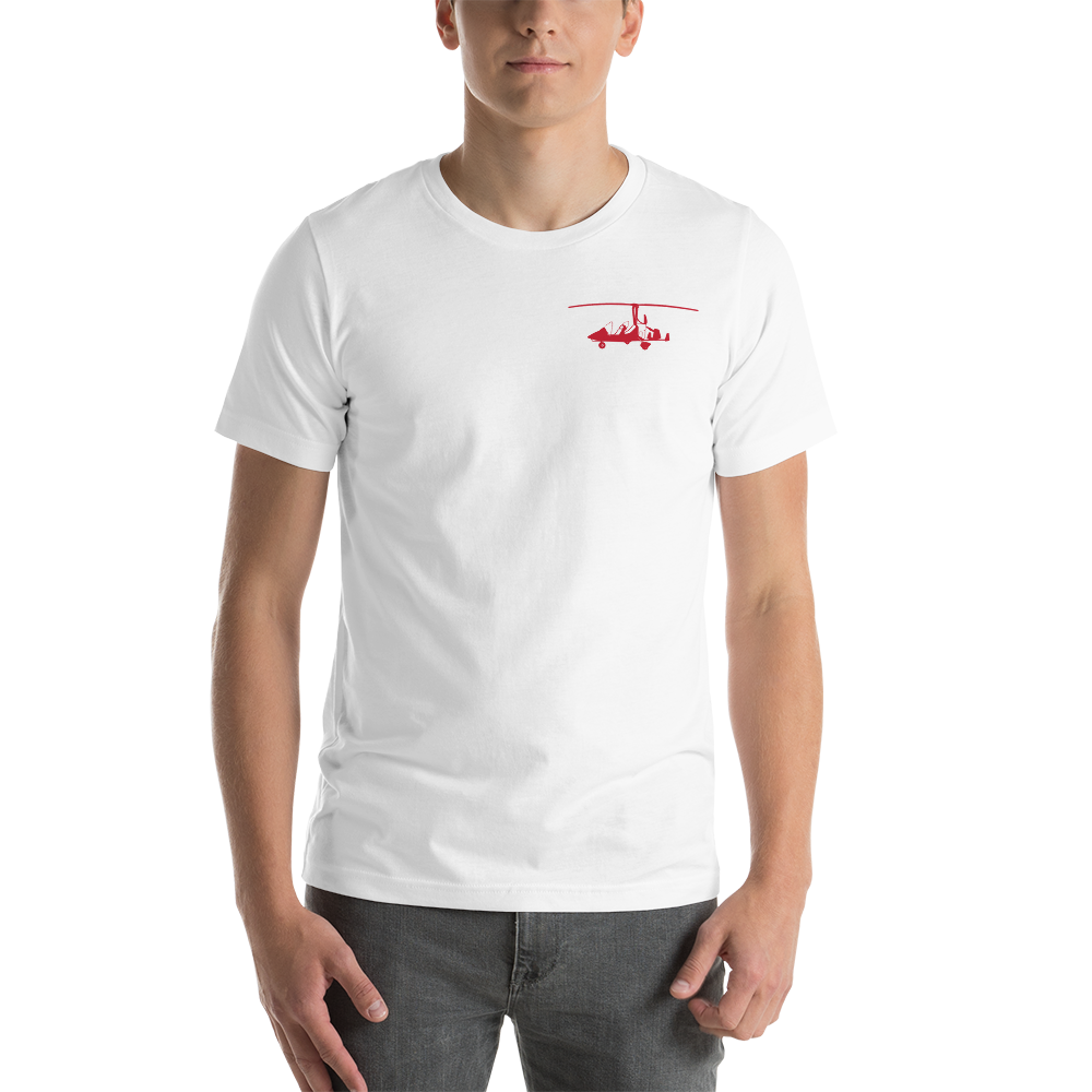 Pilots' wear : Red gyrocopter printed design positioned on the left breast of a white t- shirt.