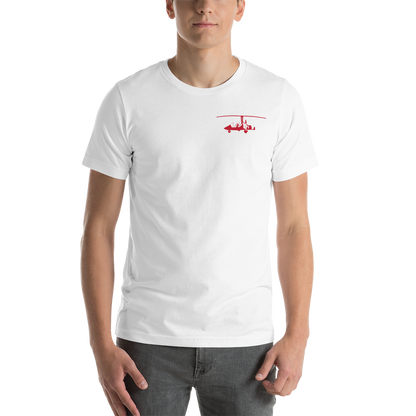 Pilots' wear : Red gyrocopter printed design positioned on the left breast of a white t- shirt.