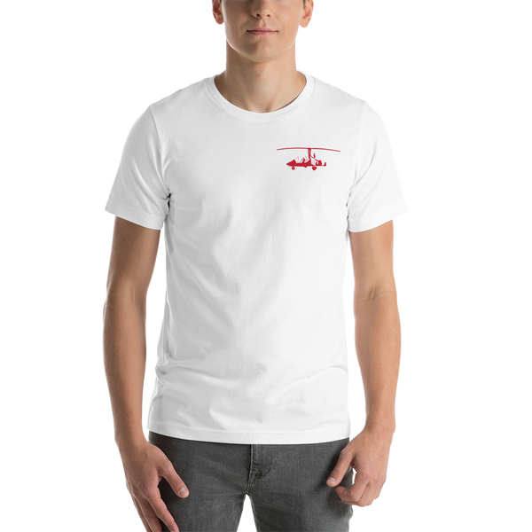 Pilots' wear : Red gyrocopter printed design positioned on the left breast of a white t- shirt.