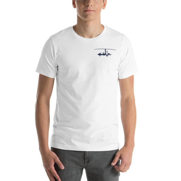 Pilots' wear : Navy blue gyrocopter printed design positioned on the left breast of a white t- shirt.