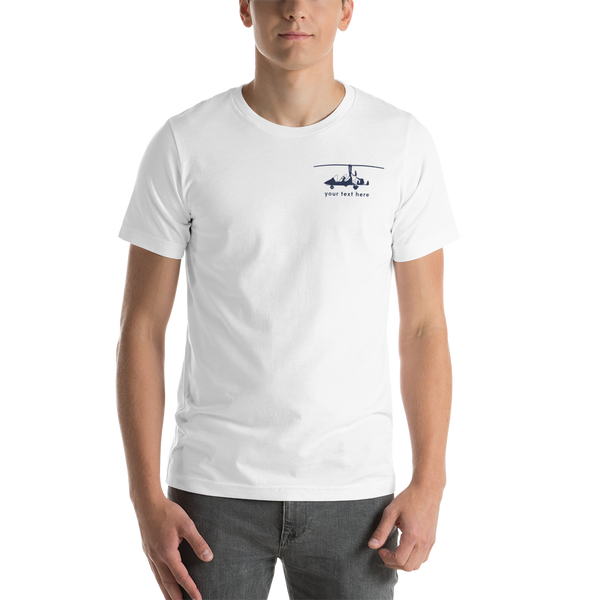 Pilots' wear : Navy blue gyrocopter customizable design positioned on the left breast of a white t-shirt.