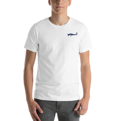 Navy blue Tecnam P92 aircraft printed design placed on the left breast of a white t- shirt.