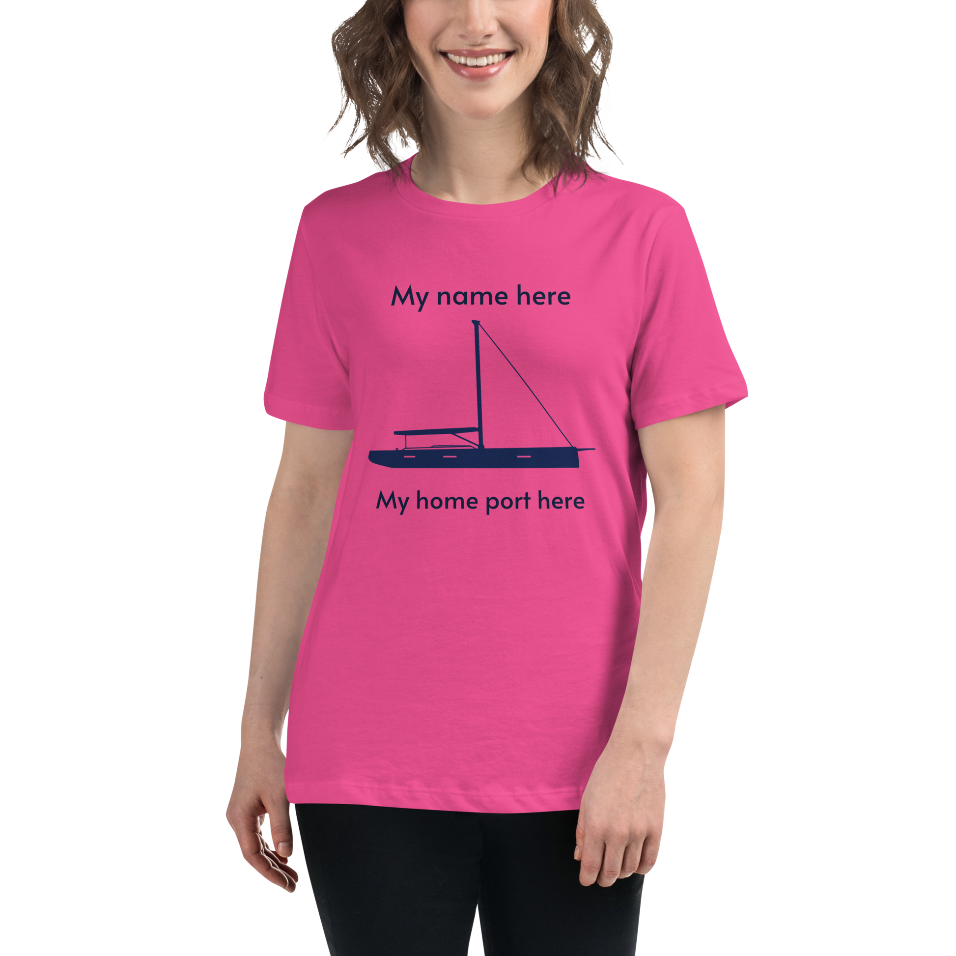 Sailing apparel: womens customizable berry Tee shirt depicting a navy blue 80FT  sailing boat with text above the mast stating "My name here," and below the hull "my home port here" for customers to change at will.