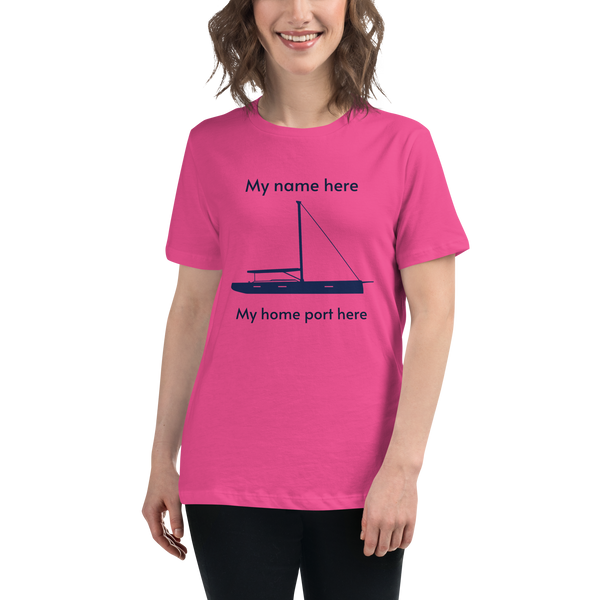 Sailing apparel: womens customizable berry Tee shirt depicting a navy blue 80FT  sailing boat with text above the mast stating "My name here," and below the hull "my home port here" for customers to change at will.