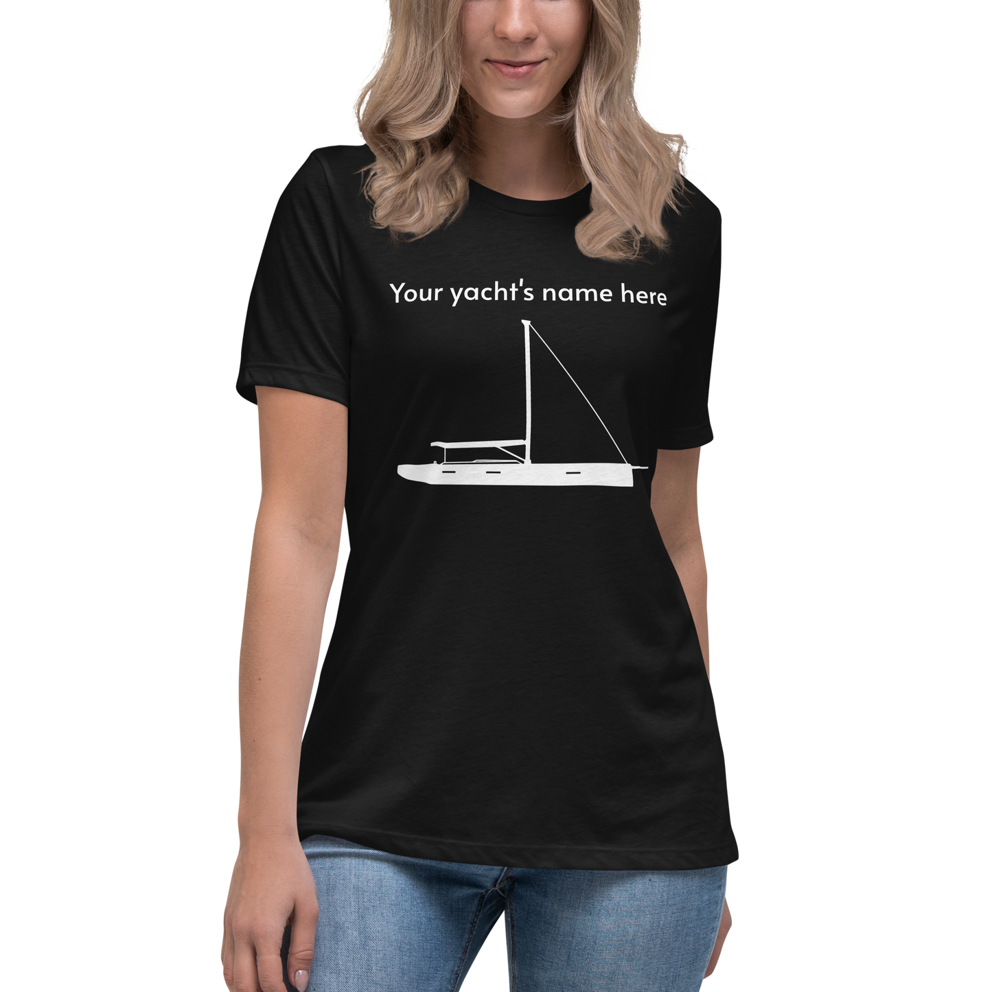 Sailing apparel: womens customizable black Tee shirt depicting a white 80FT sailing boat with text above the mast saying "your yachts name here" that customers may change at will.