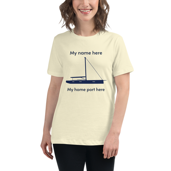 Sailing apparel: womens customizable citron coloured Tee shirt depicting a navy blue 80FT sailing boat with text above the mast stating "My name here," and below the hull "my home port here" for customers to change at will.