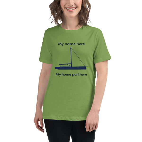 Sailing apparel: womens customizable light green Tee shirt depicting a navy blue 80FT sailing boat with text above the mast stating "My name here," and below the hull "my home port here" for customers to change at will.