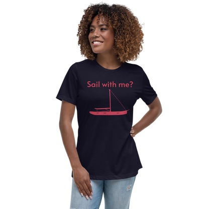 Sailing apparel: womens customizable navy blue Tee shirt depicting a red 80FT sailing boat with text above the mast  saying "sail with me?" that customers may change or leave at will.