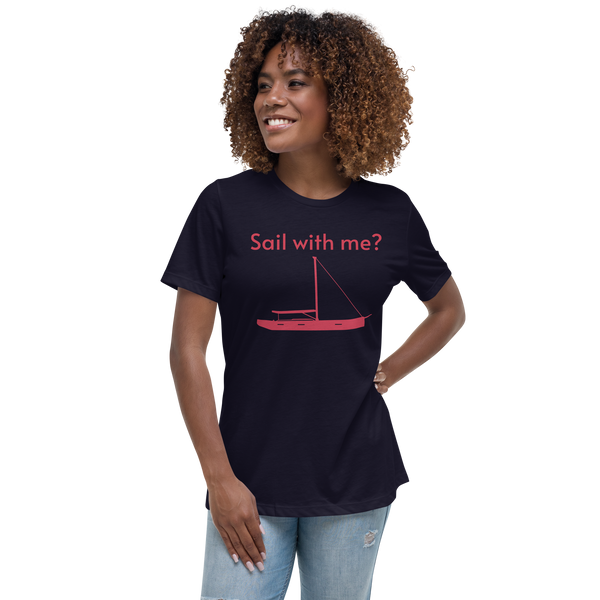 Sailing apparel: womens customizable navy blue Tee shirt depicting a red 80FT sailing boat with text above the mast  saying "sail with me?" that customers may change or leave at will.