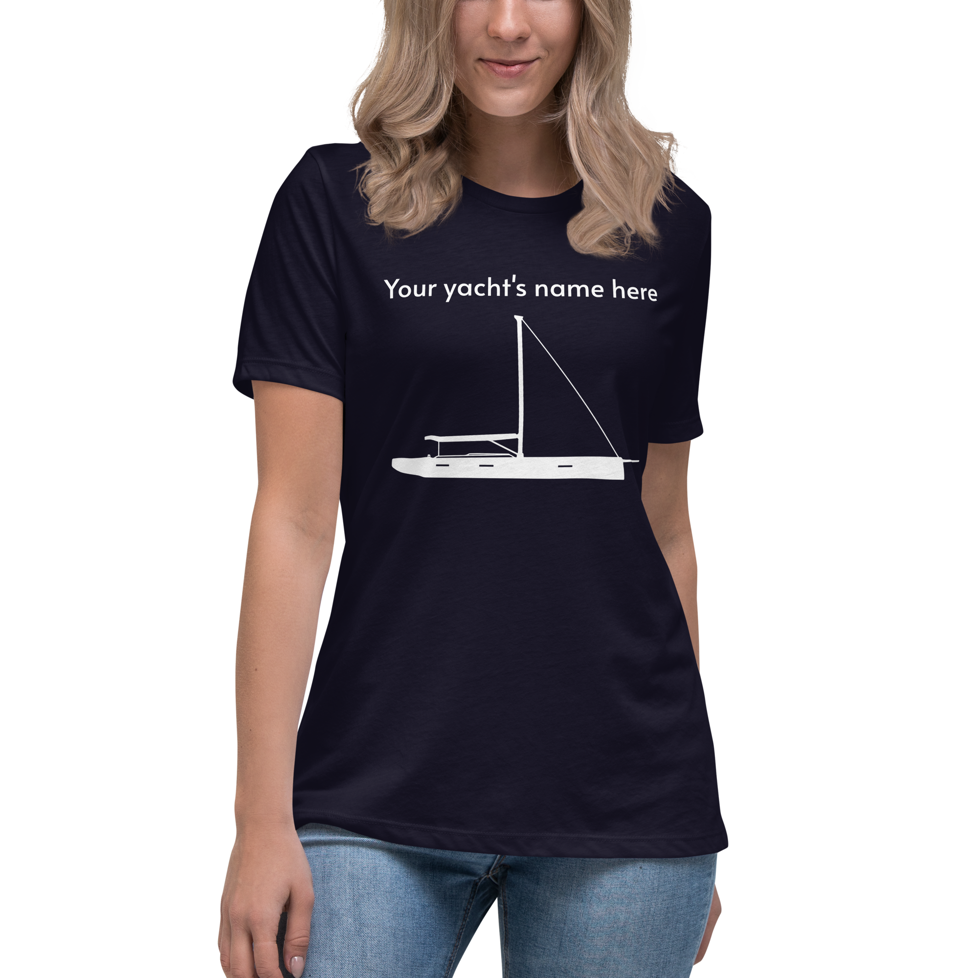 Sailing apparel: womens customizable navy blue Tee shirt depicting a white 80FT sailing boat with text above the mast saying "your yacht's name here" for customers to change at will.