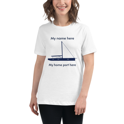 Sailing apparel: womens customizable white Tee shirt depicting a navy blue 80FT sailing boat with text above the mast stating "My name here," and below the hull "my home port here" for customers to change at will.