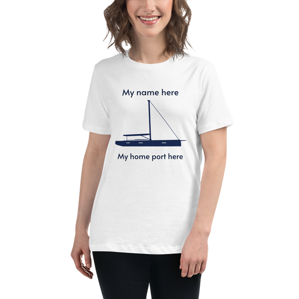 Sailing apparel: womens customizable white Tee shirt depicting a navy blue 80FT sailing boat with text above the mast stating "My name here," and below the hull "my home port here" for customers to change at will.